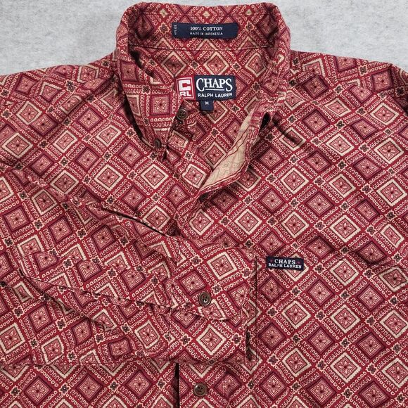 Vtg Chaps‎ Ralph Lauren Mens Medium Red Diamond Floral Long Sleeve Shirt - Picture 1 of 10